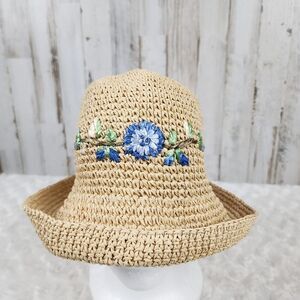 Embroidered Floral Straw Bucket Sun Hat